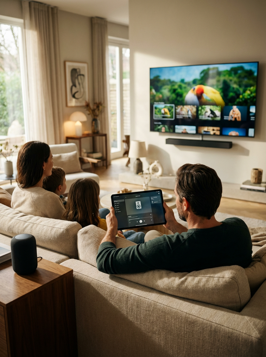 Paar genießt ein immersives Filmerlebnis in einem modernen, smarten Heimkino mit integrierter Ambiente-Beleuchtung und großem Bildschirm.