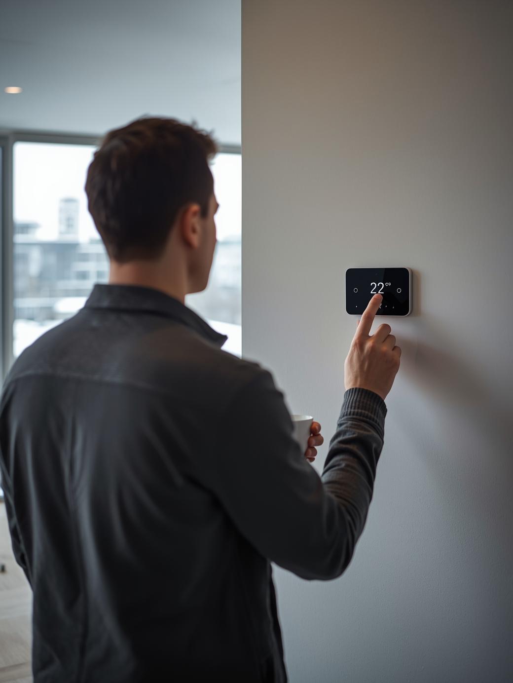 Mann stellt an einem smarten Wandthermostat die Raumtemperatur ein