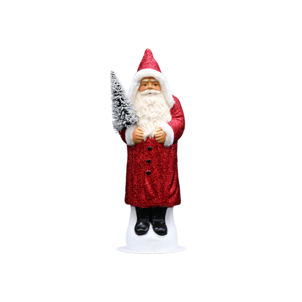 [26-rot] Papiermaché Santa rot - mit Glitter und Chenille Rand (H: 26 cm)