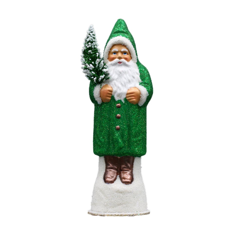 [1626] Papiermachéfigur Santa grün - mit Perlen und weißem Rand (H: 26 cm)