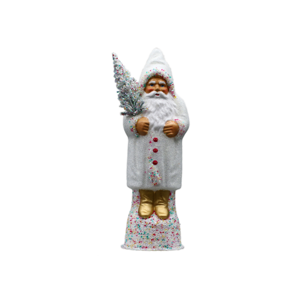 [14261( 26er) - weiß] Papiermachéfigur Santa weiß - mit bunten Zuckerperlen und Baum (H: 26 cm)