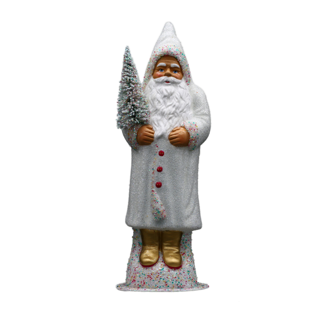 Papiermachéfigur Santa weiß - mit bunten Zuckerperlen und Baum