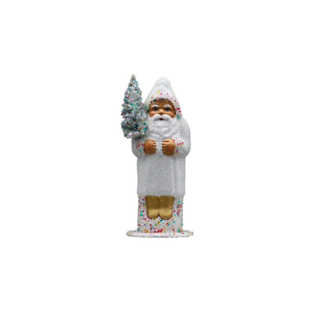 Papiermachéfigur Santa weiß - mit bunten Zuckerperlen und Baum
