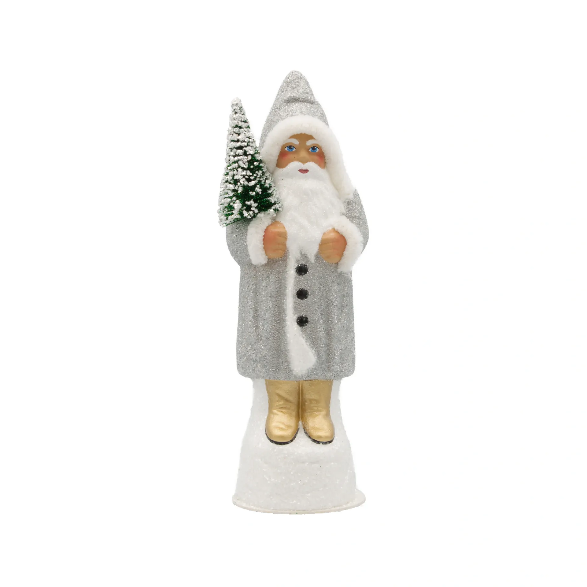 [26er - silber, Schuhe gold] Papiermaché Santa silber - mit Perlen und goldenen Schuhen (H: 26 cm)