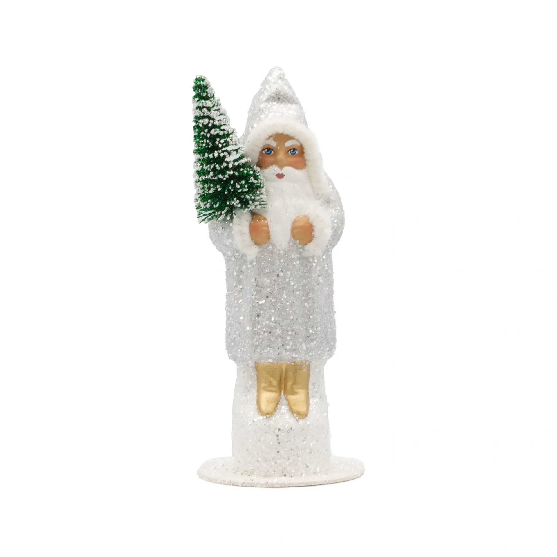 [15er - silber, Schuhe gold] Papiermaché Santa silber - mit Perlen und goldenen Schuhen (H: 15 cm)