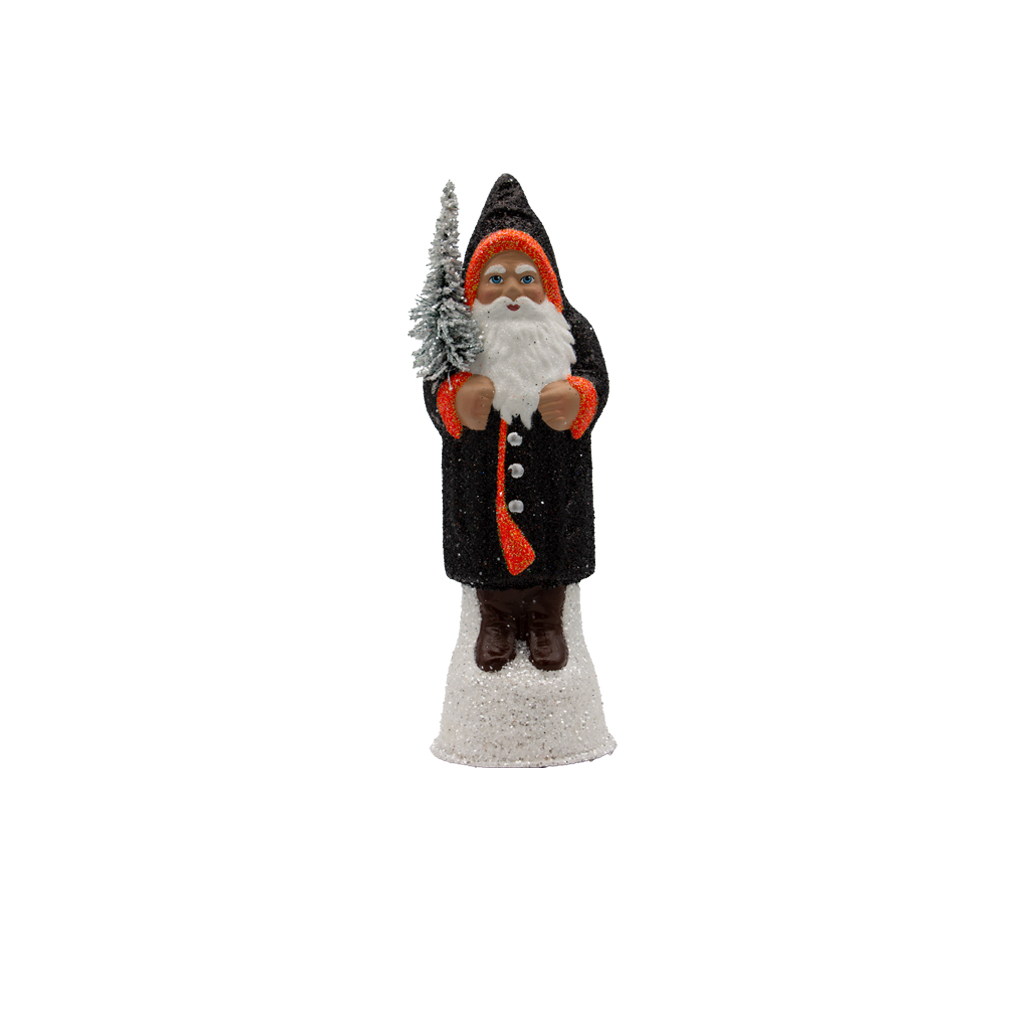 [black coat,orange egde 26er] Papiermachéfigur Santa - schwarz orange mit Glitter (H: 26 cm)