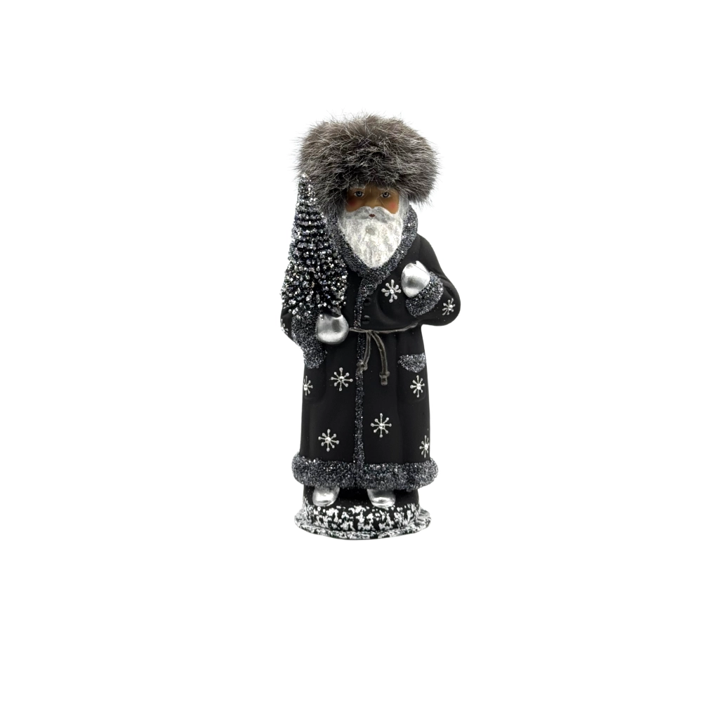 [2325BL] Papiermaché Santa mit Fellmütze - schwarz 