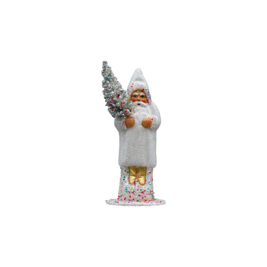 [14261 (12er) - weiß] Papiermachéfigur Santa weiß - mit bunten Zuckerperlen und Baum (H: 12 cm)