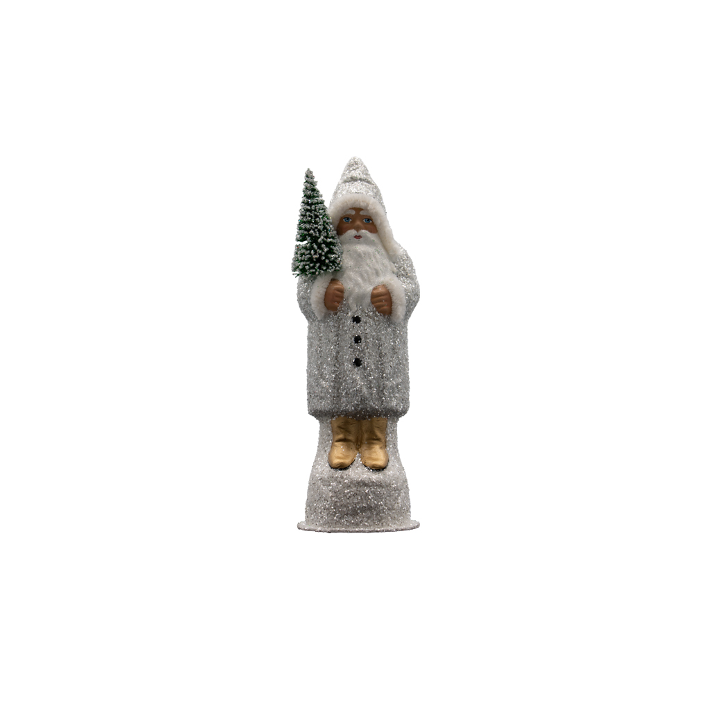 [12er - silber, Schuhe gold] Papiermaché Santa silber - mit Perlen und goldenen Schuhen (H: 12 cm)