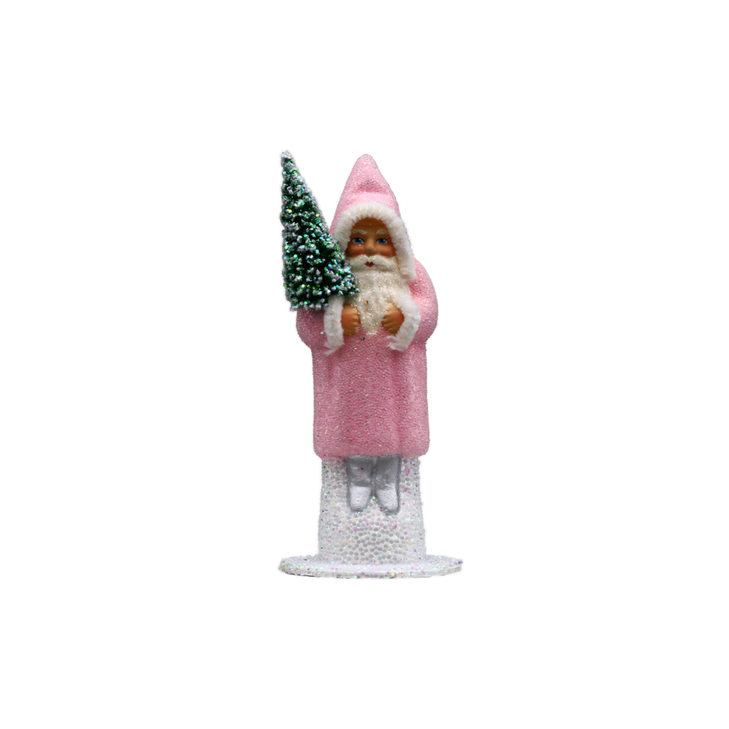 [15591 (12er)] Papiermaché Santa rosa - mit Perlen und silbernen Schuhen (H: 12 cm)