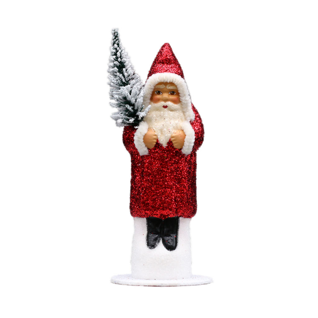 [12-r] Papiermaché Santa rot - mit Glitter und Chenille Rand (H: 12 cm)