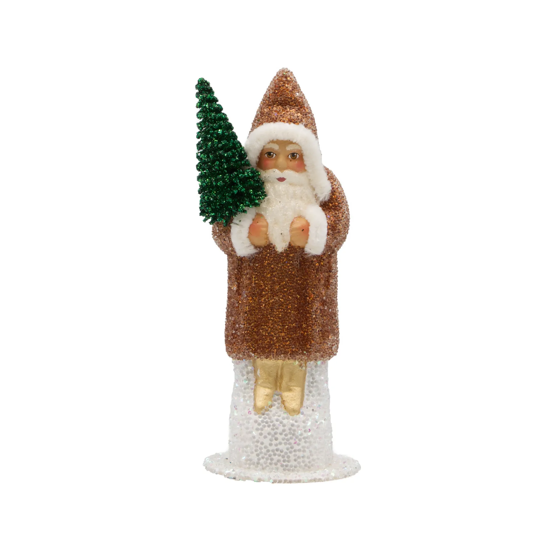 [15-0 C] Weihnachtsmann aus Papiermaché, Perle kupfer, mit Tannenbaum (H: 15 cm)