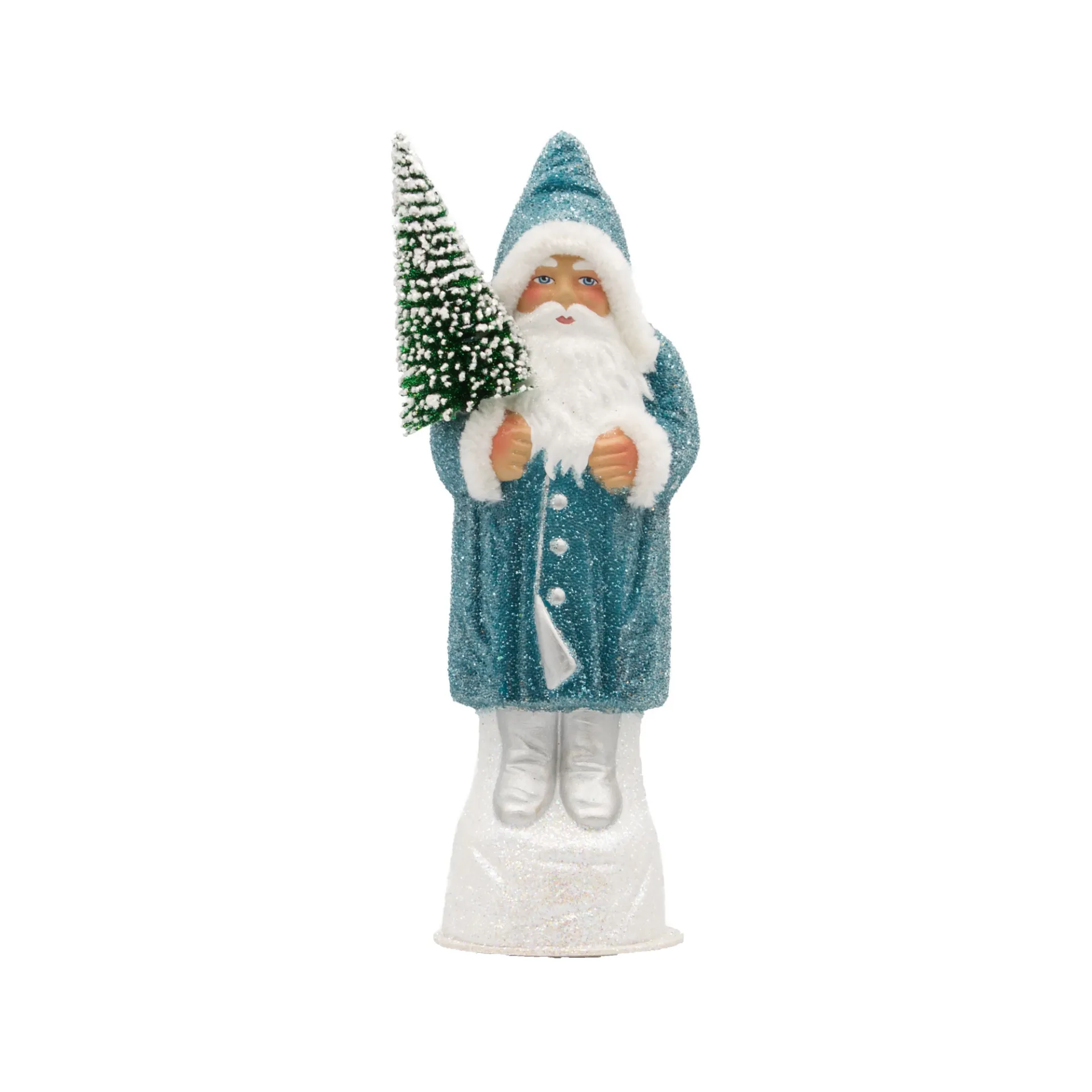 Weihnachtsmann aus Papiermaché, Perle petrol, mit beschneitem Tannenbaum
