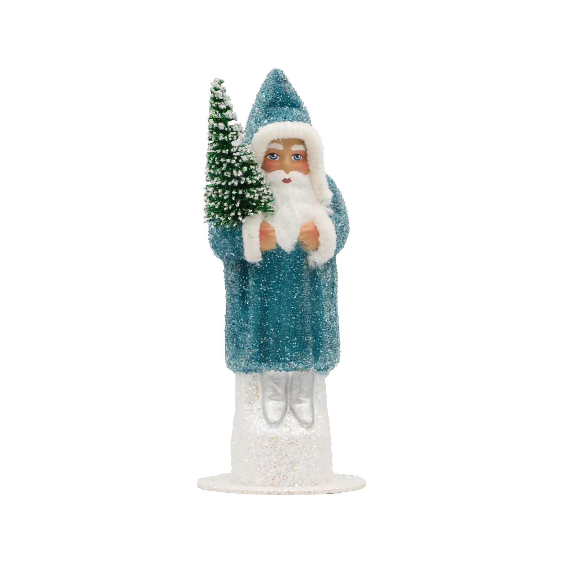 [15-0] Weihnachtsmann aus Papiermaché, Perle petrol, mit beschneitem Tannenbaum (H: 15 cm)