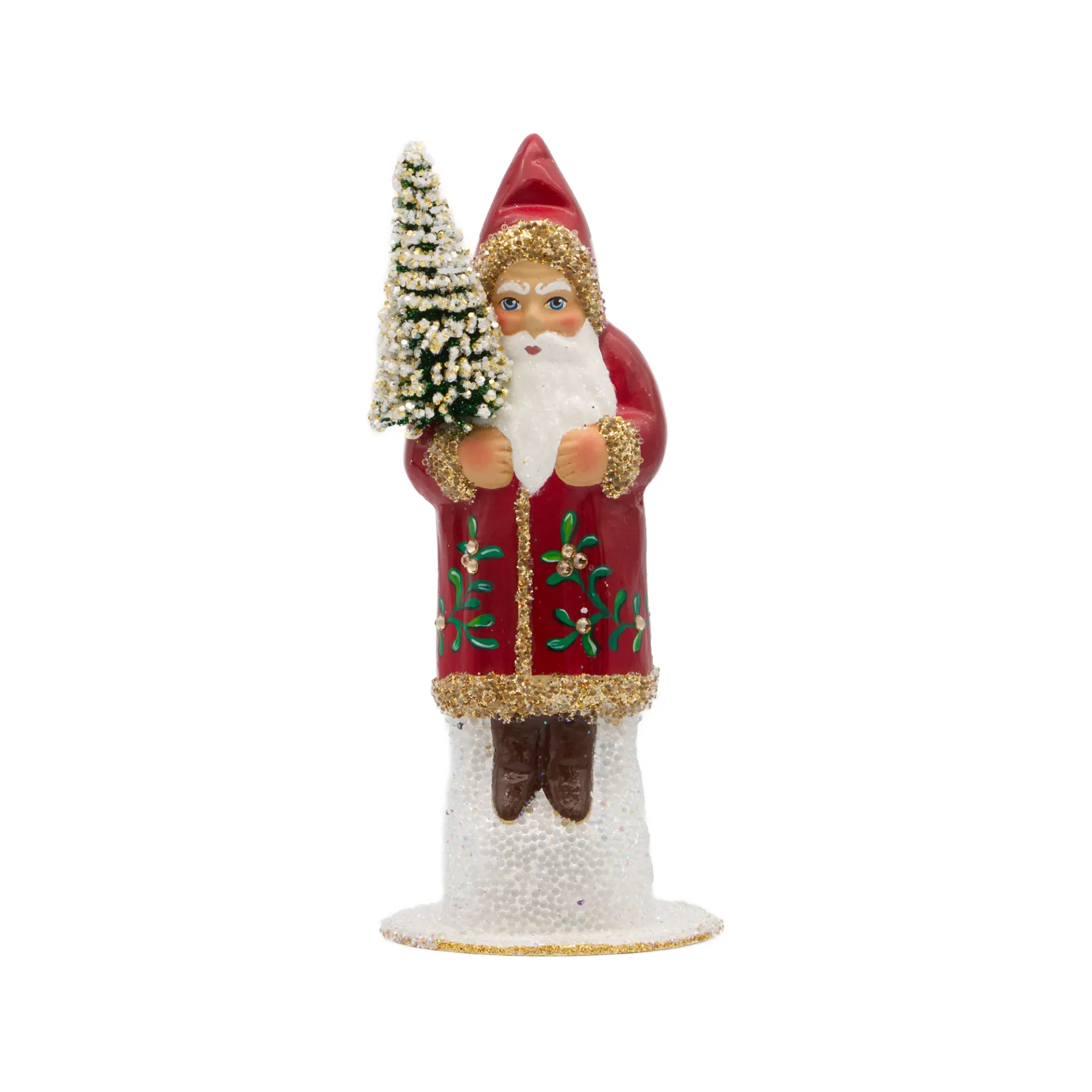 [261524] Weihnachtsmann aus Papiermaché, Lack rot, mit Mistelzweigen und Kristallen (H: 15 cm)