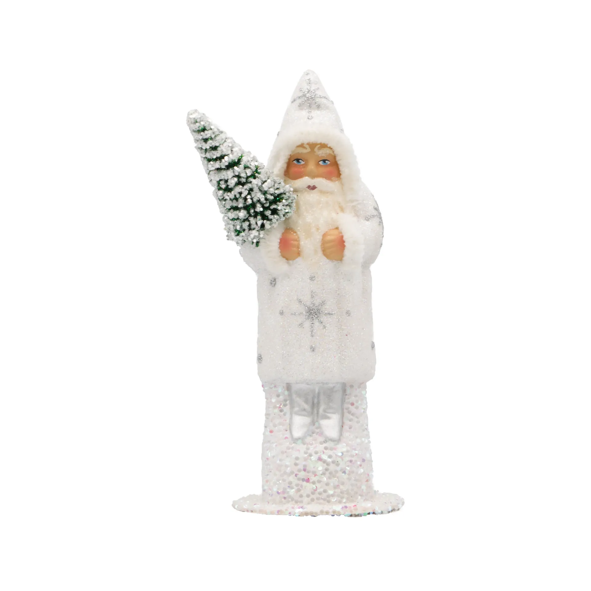 Weihnachtsmann aus Papiermaché, Glitter weiß, mit silbernen Schneesternen und Tannenbaum
