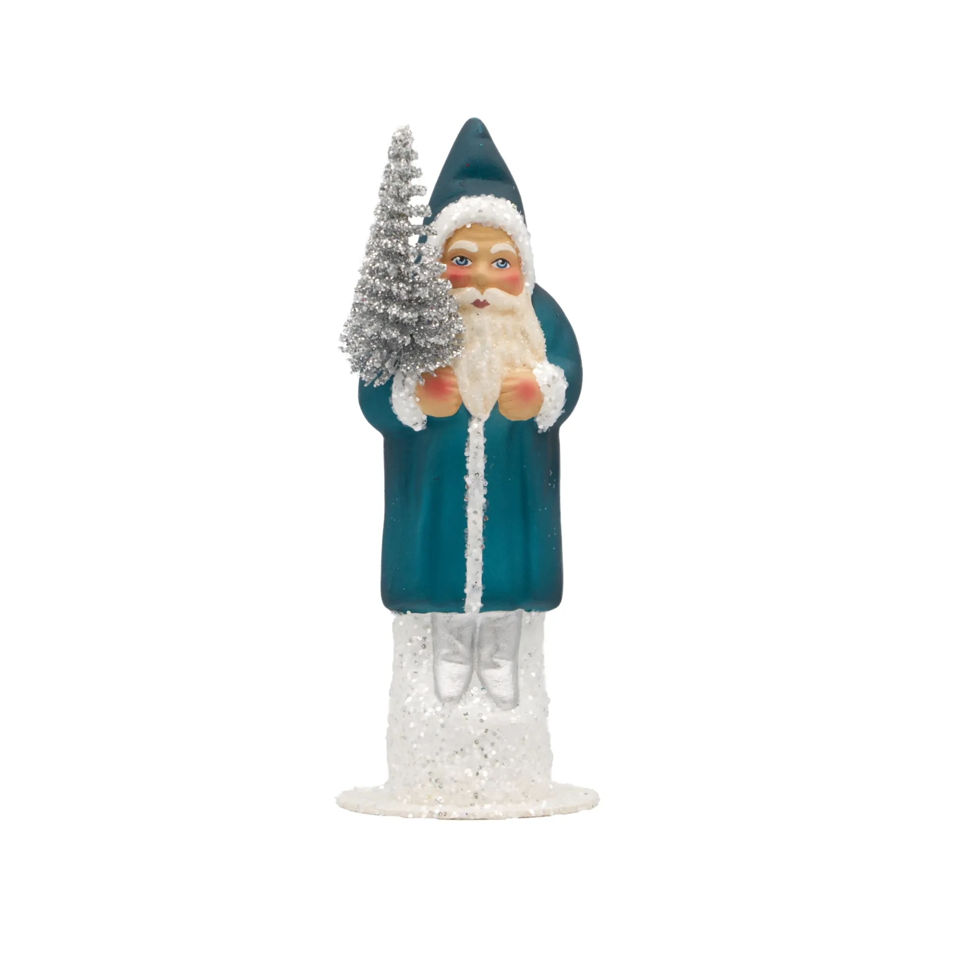 Weihnachtsmann aus Papiermaché, petrol, mit silbernem Tannenbaum