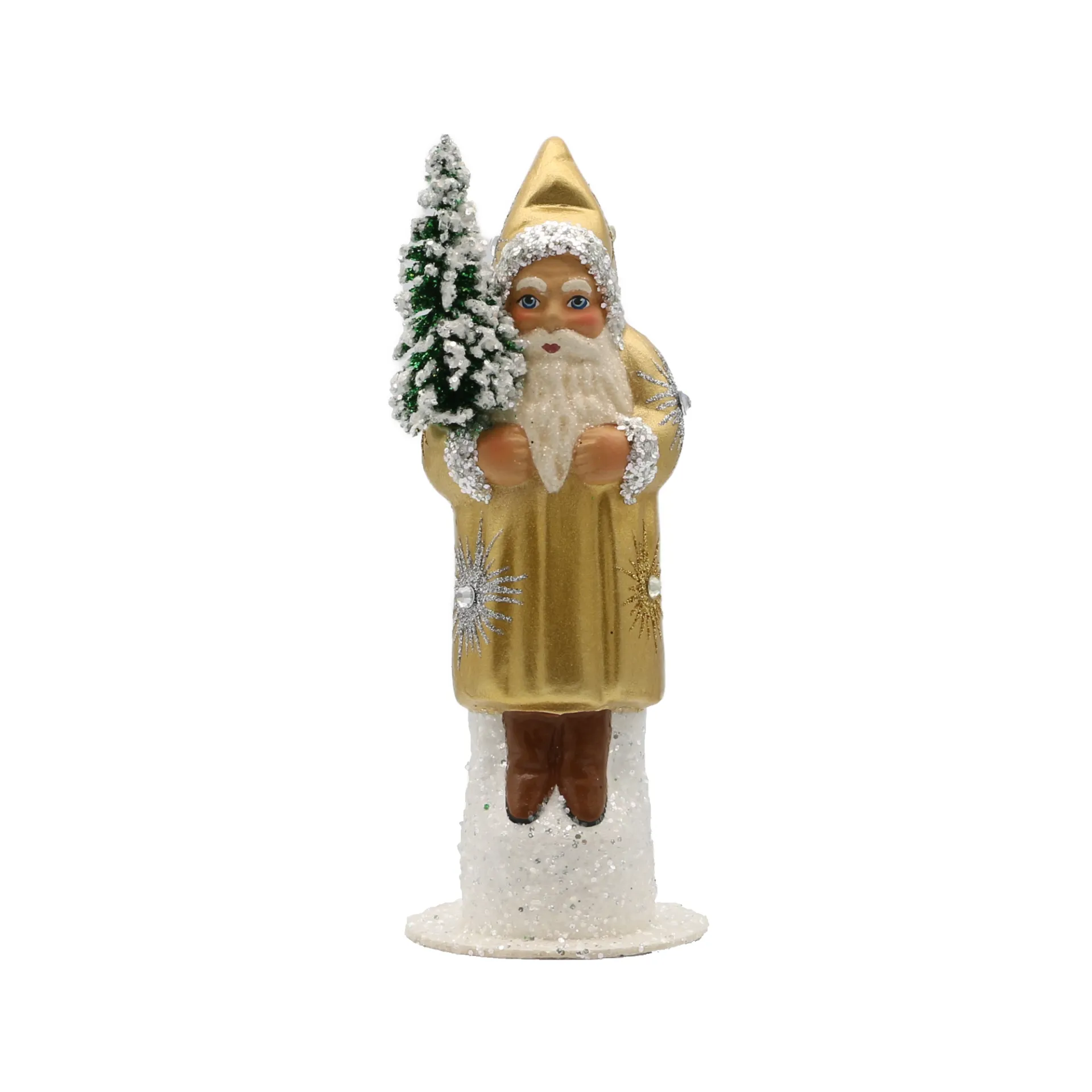 Weihnachtsmann aus Papiermaché, hellgold, mit Sternendekor