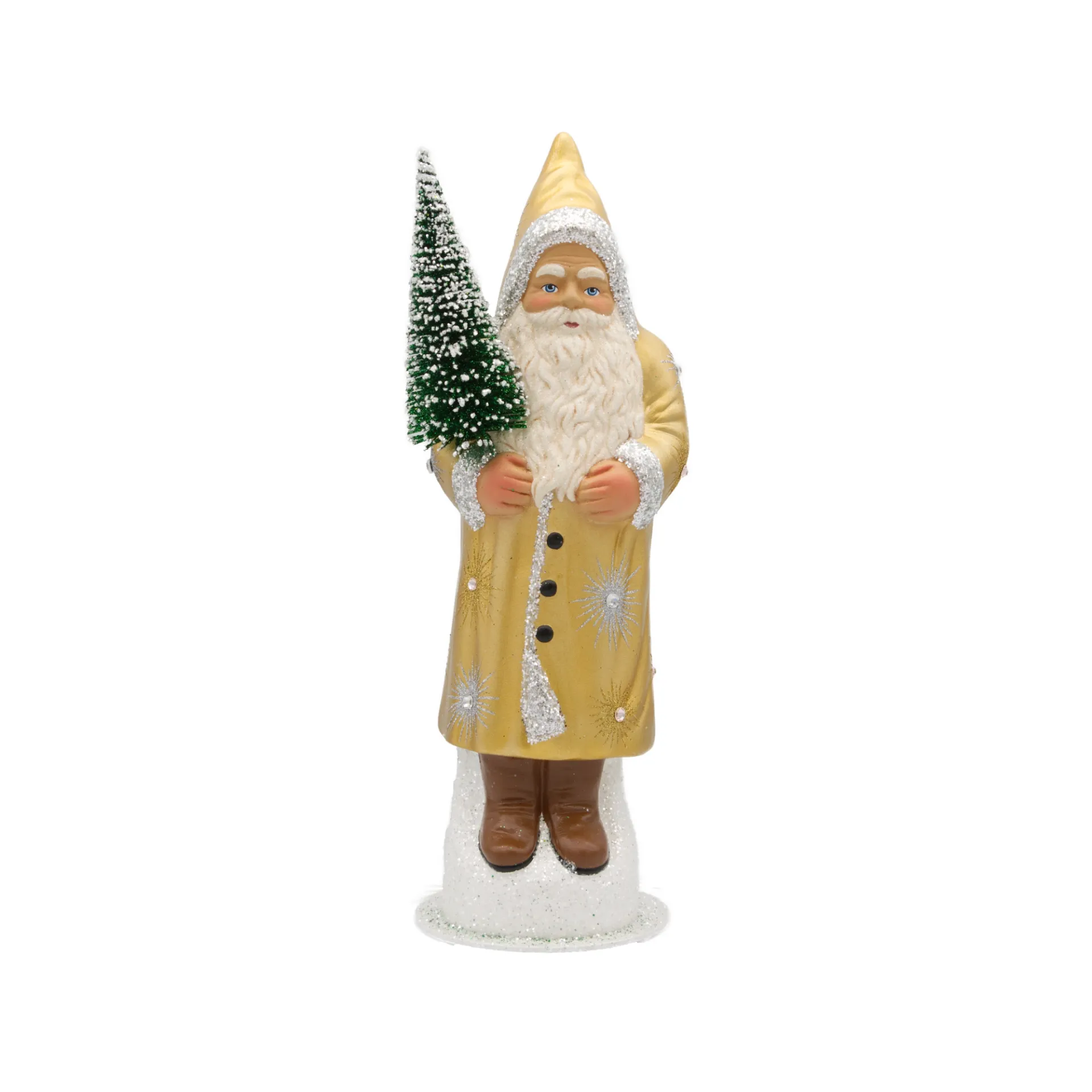 Weihnachtsmann aus Papiermaché, hellgold, mit Sternendekor