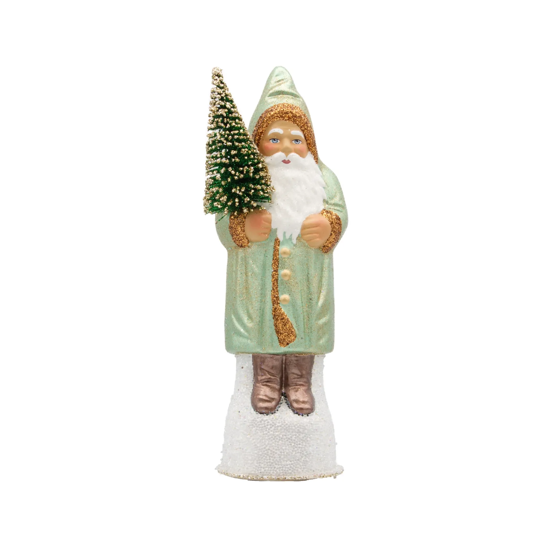 [16265] Weihnachtsmann aus Papiermaché, metallic grün, mit Tannenbaum und kupferfarbenen Schuhen (H: 26 cm)