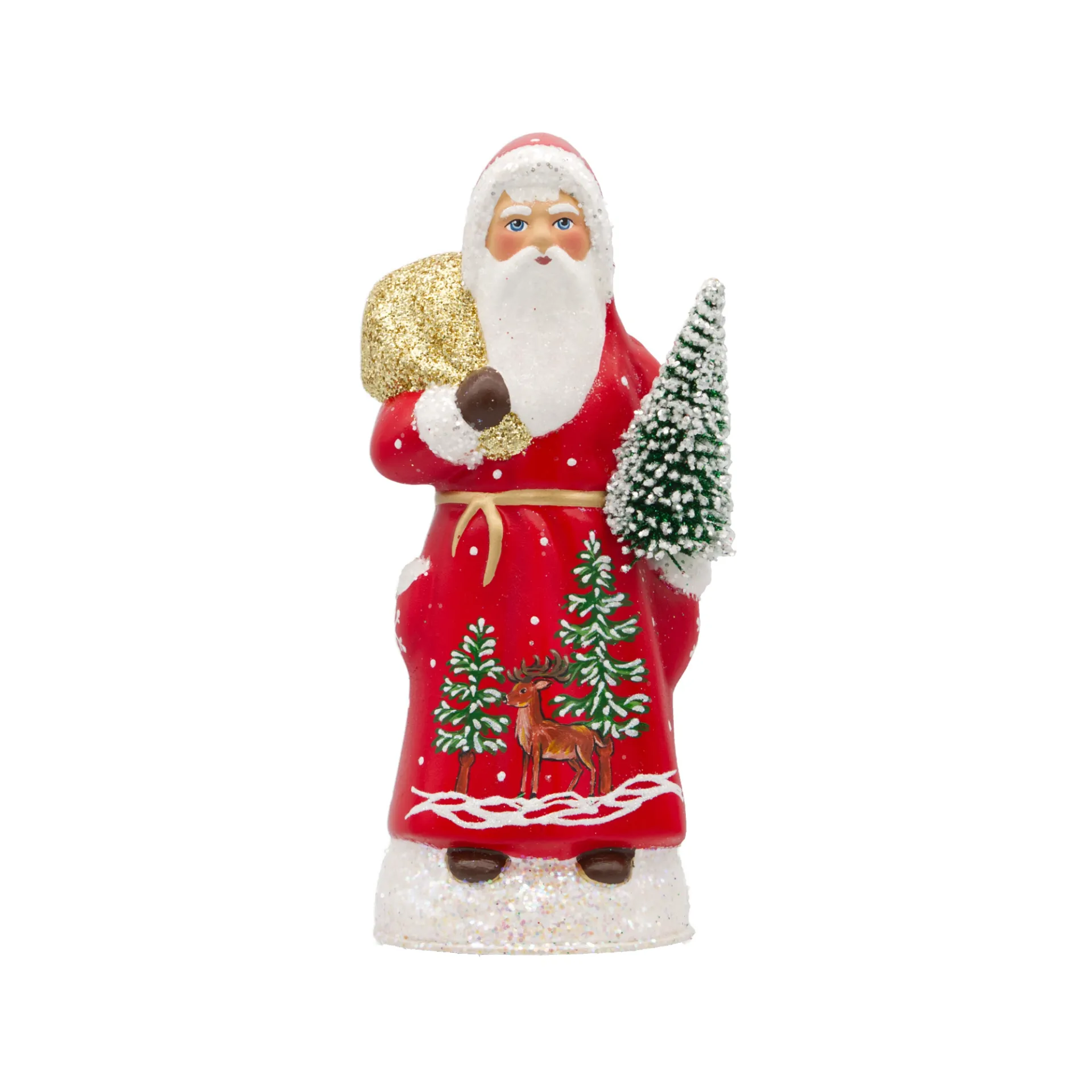 [2621] Weihnachtsmann aus Papiermaché, hellrot, mit Baum- und Hirschbemalung