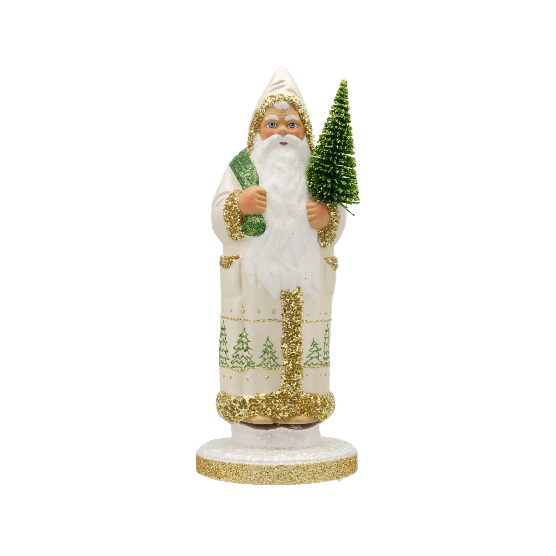 [2631] Weihnachtsmann aus Papiermaché, perlmuttweiß, mit Tannenbaum und Baumbordüre