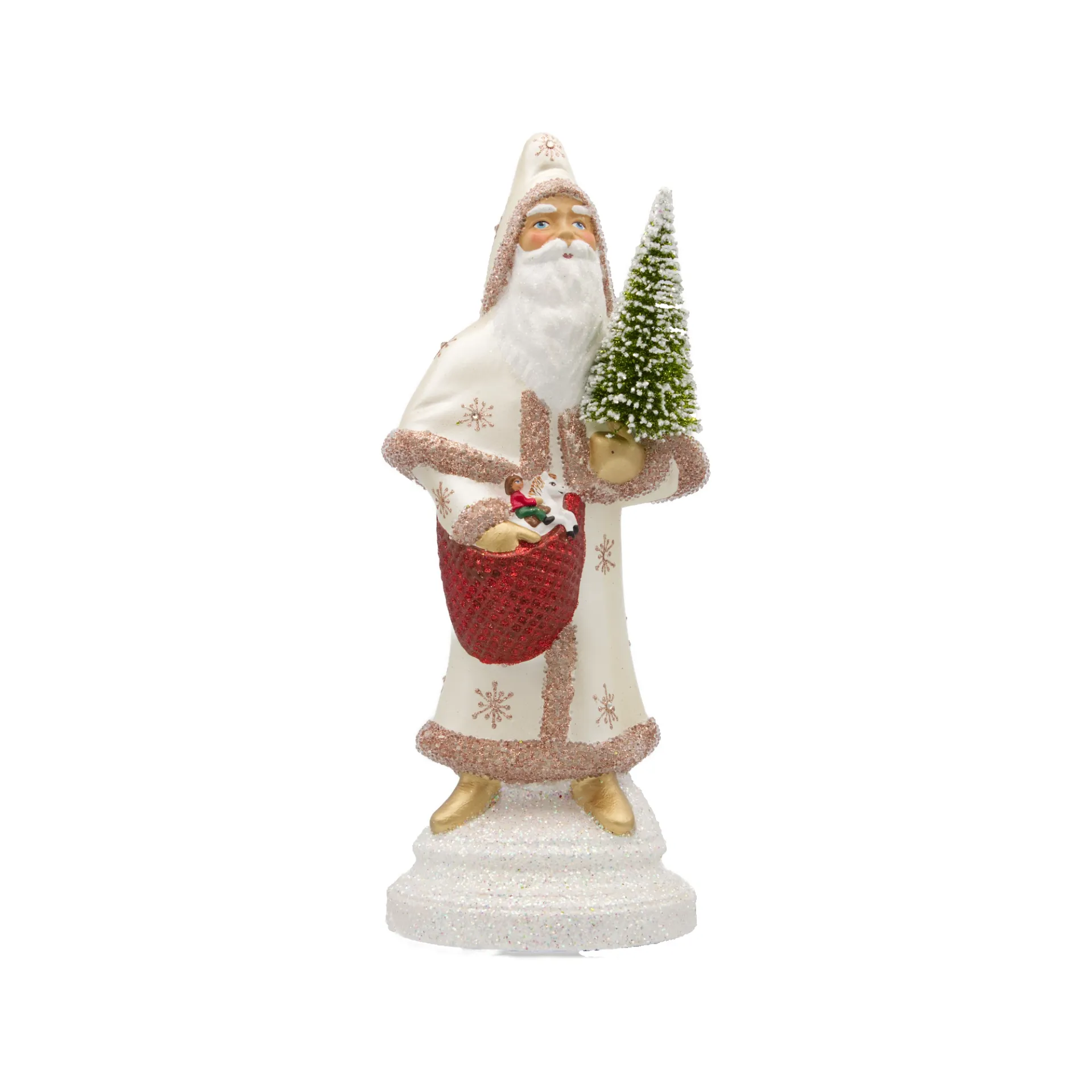 Weihnachtsmann aus Papiermaché, Perle champagner, mit Schneeflocken