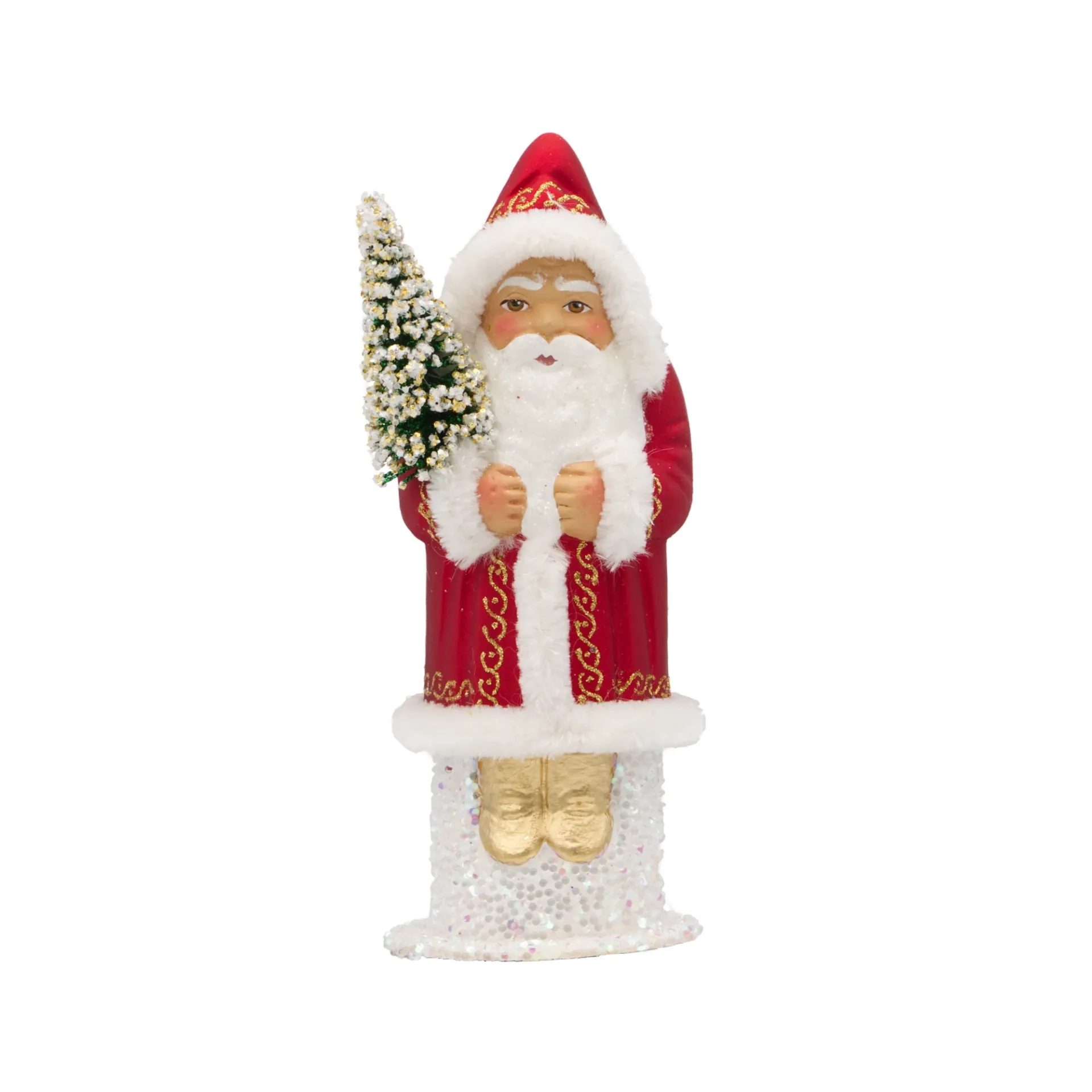 Weihnachtsmann aus Papiermaché, rot, mit Goldkringeldekor