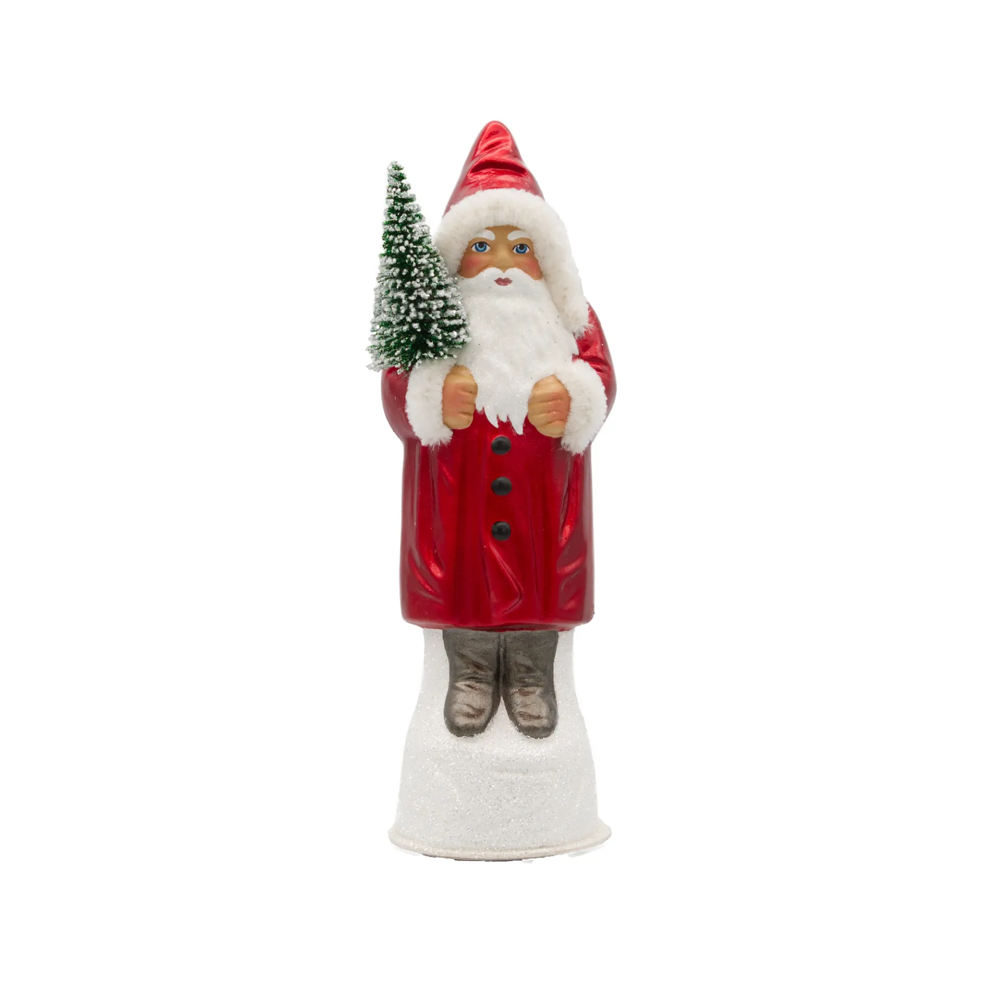 Weihnachtsmann aus Papiermaché, Lack rot, mit Tannenbaum und Fellbesatz
