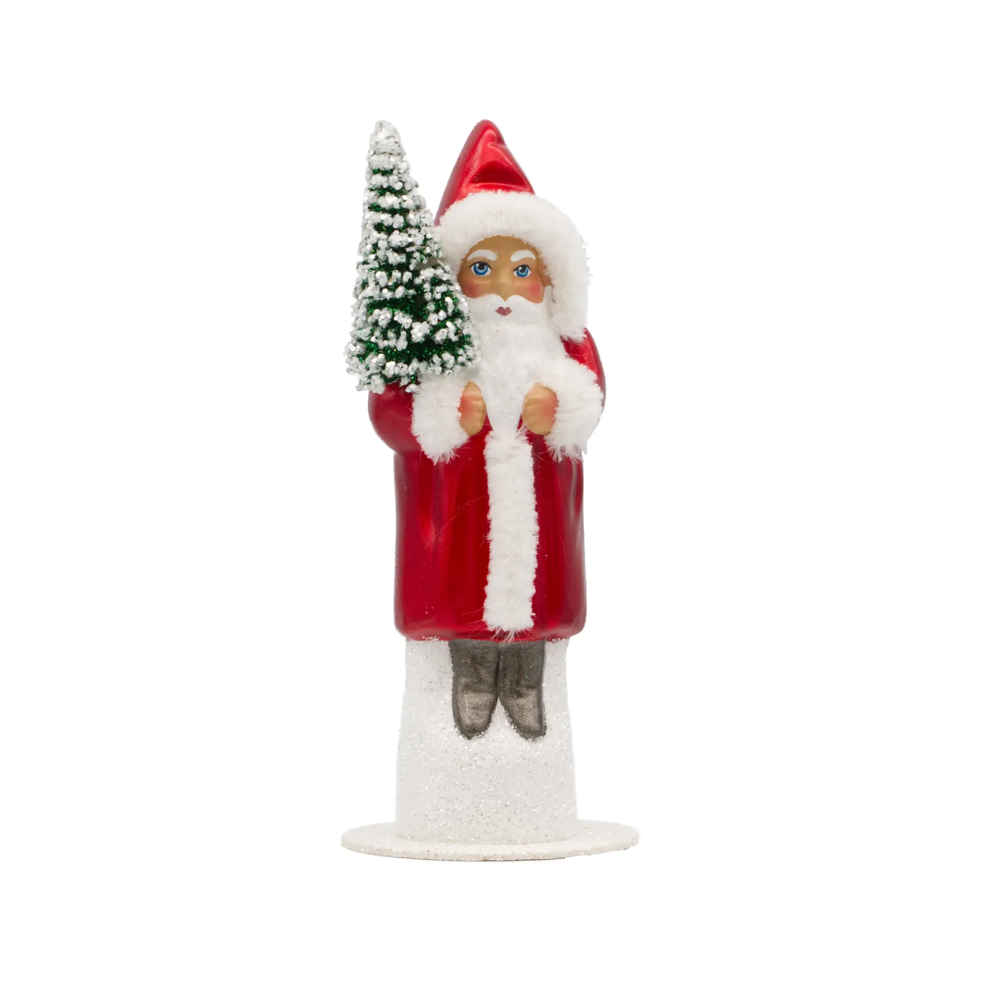 [9-15] Weihnachtsmann aus Papiermaché, Lack rot, mit Tannenbaum und Fellbesatz (H: 15 cm)