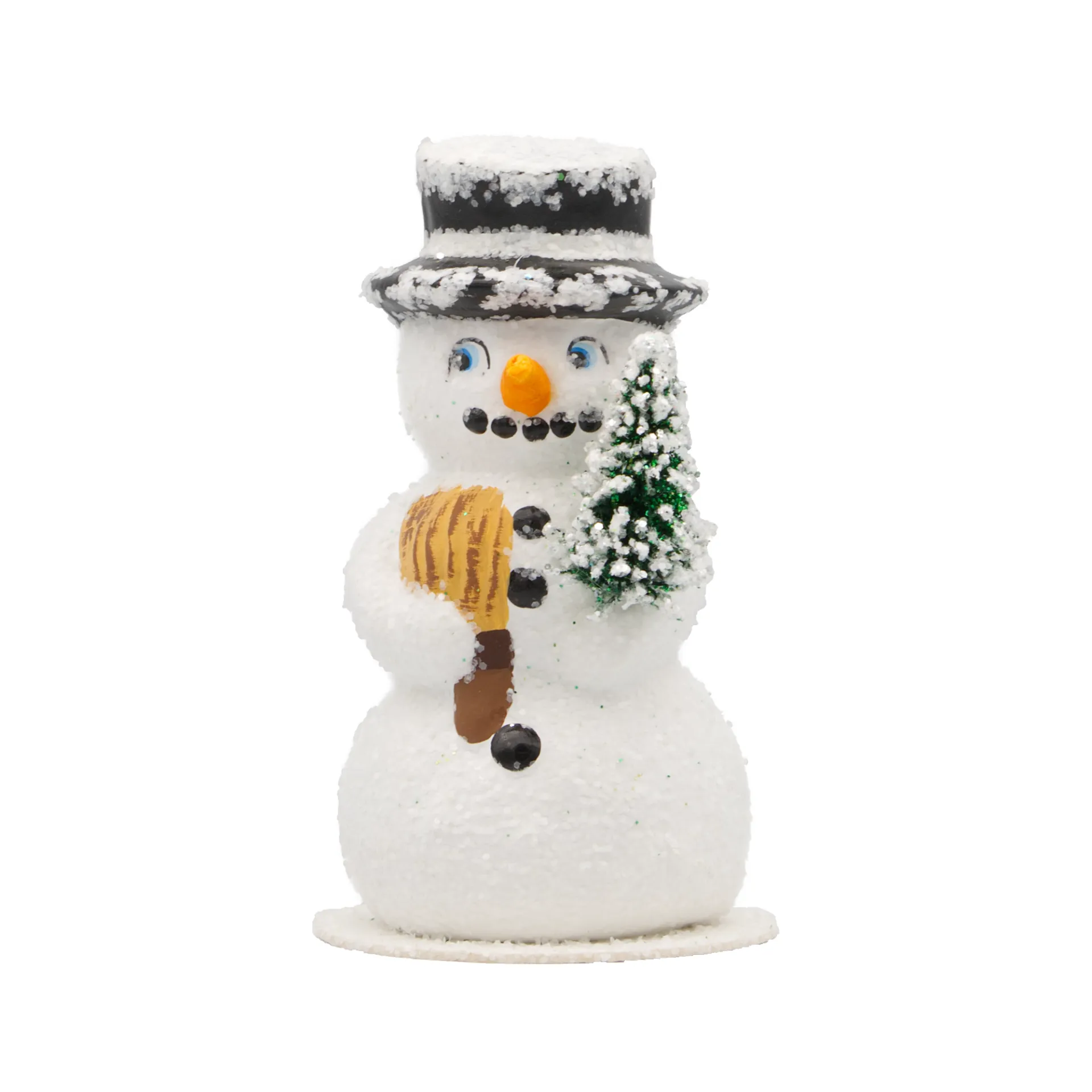 Schneemann aus Papiermaché, Glitter weiß, mit Tannenbaum