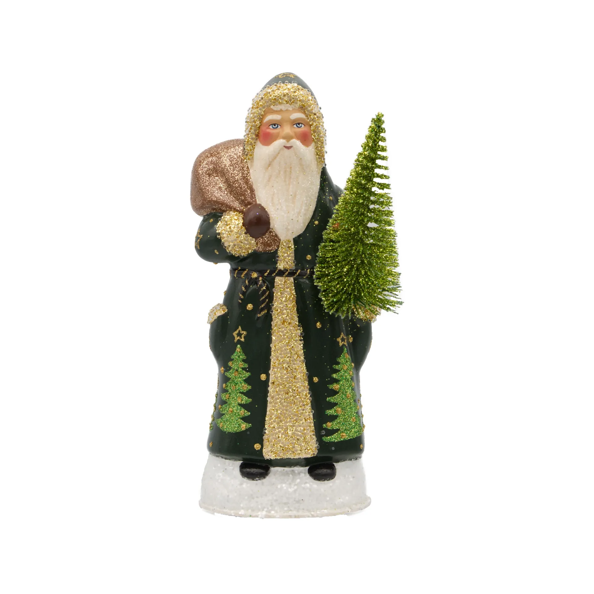 [2621] Weihnachtsmann aus Papiermaché, Glitter grün, mit Tannenbaummotiven