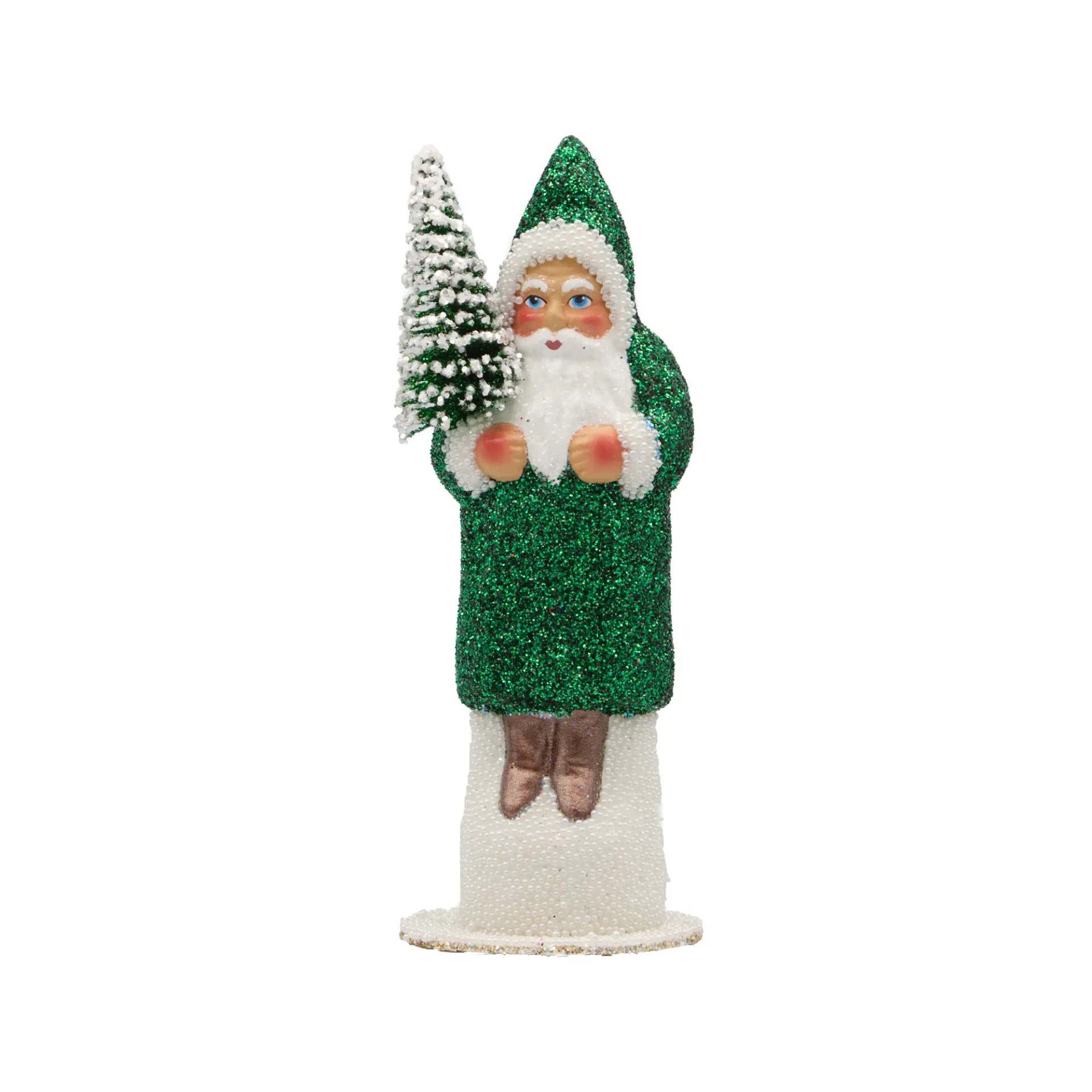 [1-157] Weihnachtsmann aus Papiermaché, Glitter forest grün, mit weißem Perlenrand (H: 15 cm)