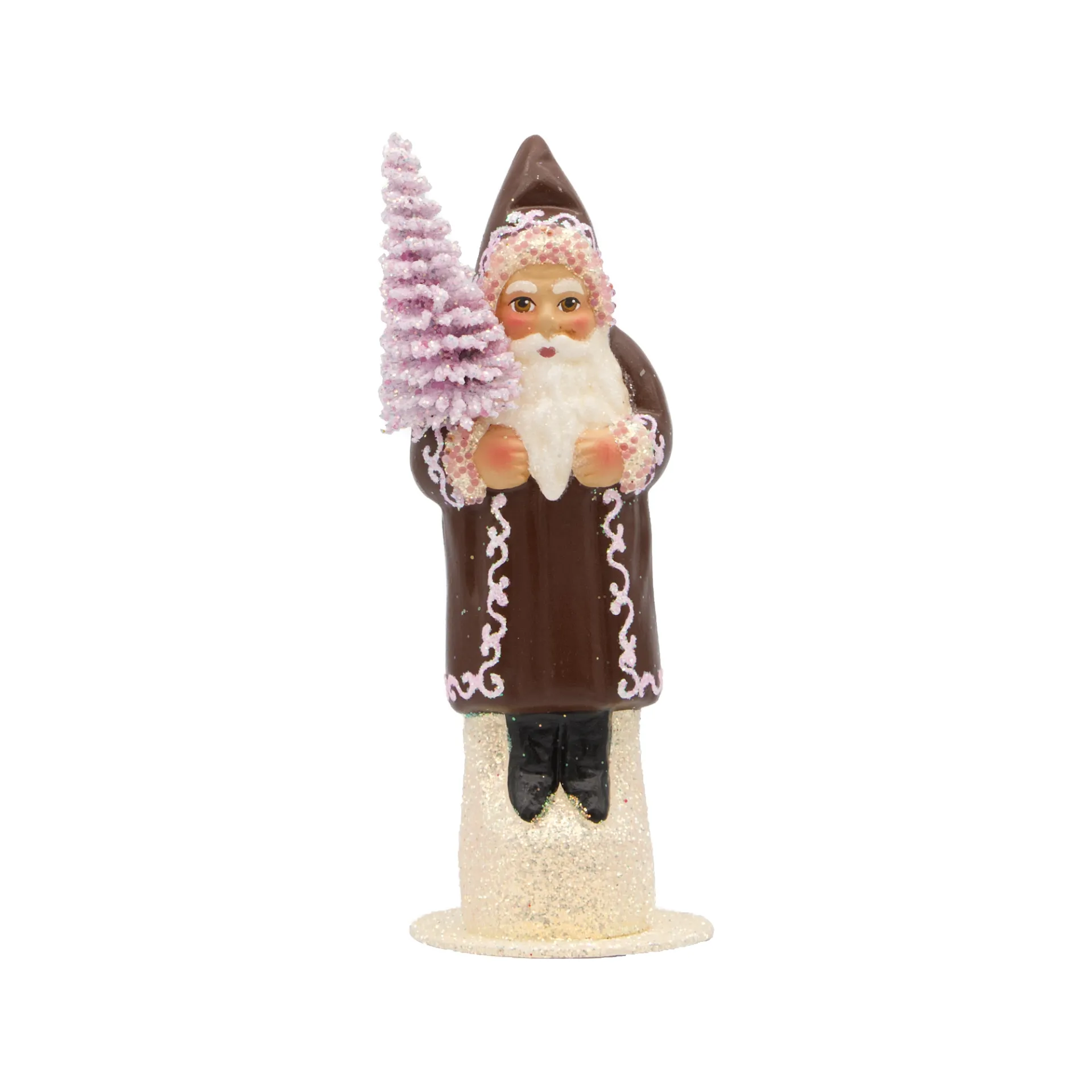 [1526-1] Weihnachtsmann aus Papiermaché, glatt schokobraun, mit rosa Tannenbaum (H: 15 cm)