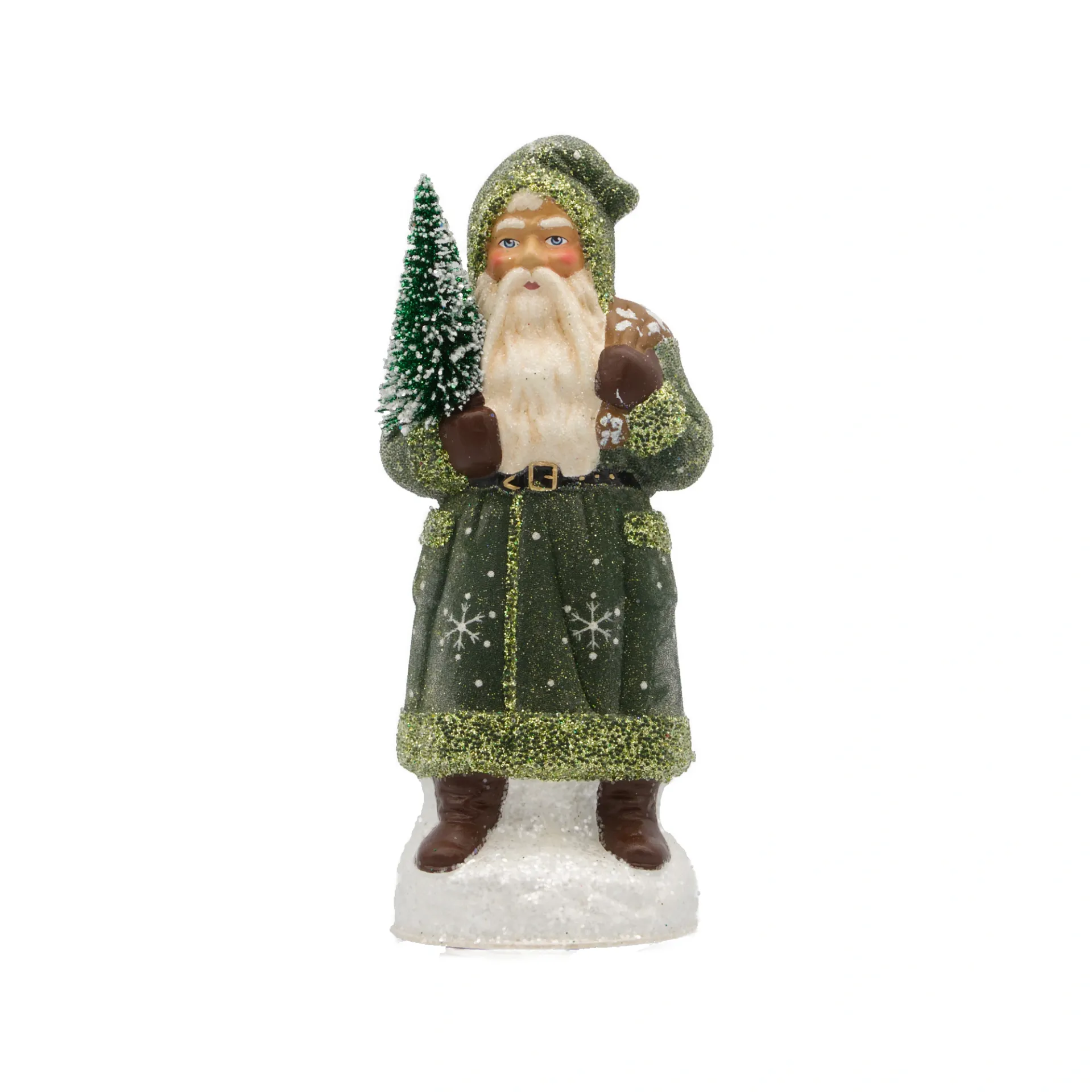 Weihnachtsmann aus Papiermaché, Perle dunkelgrün, mit Schneeflocken