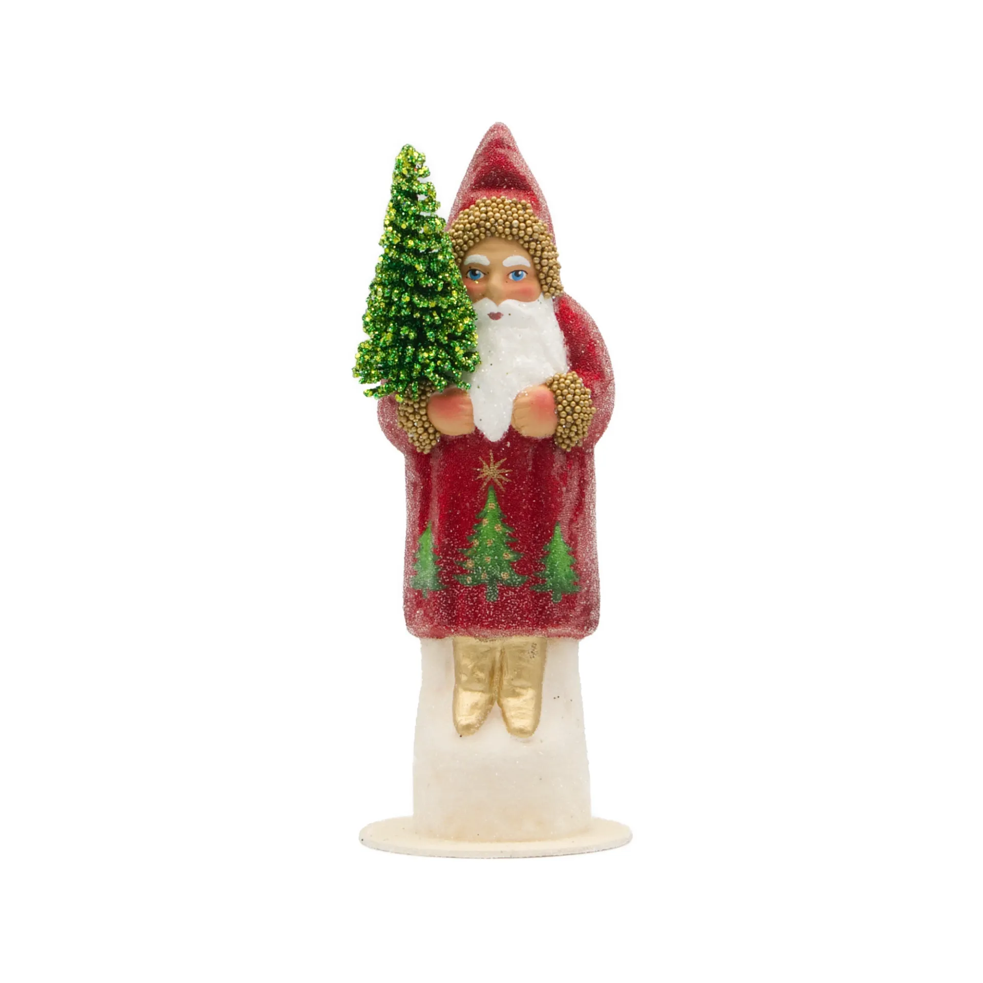 Weihnachtsmann aus Papiermaché, Perle glanzrot, mit Baummotiven und Tannenbaum