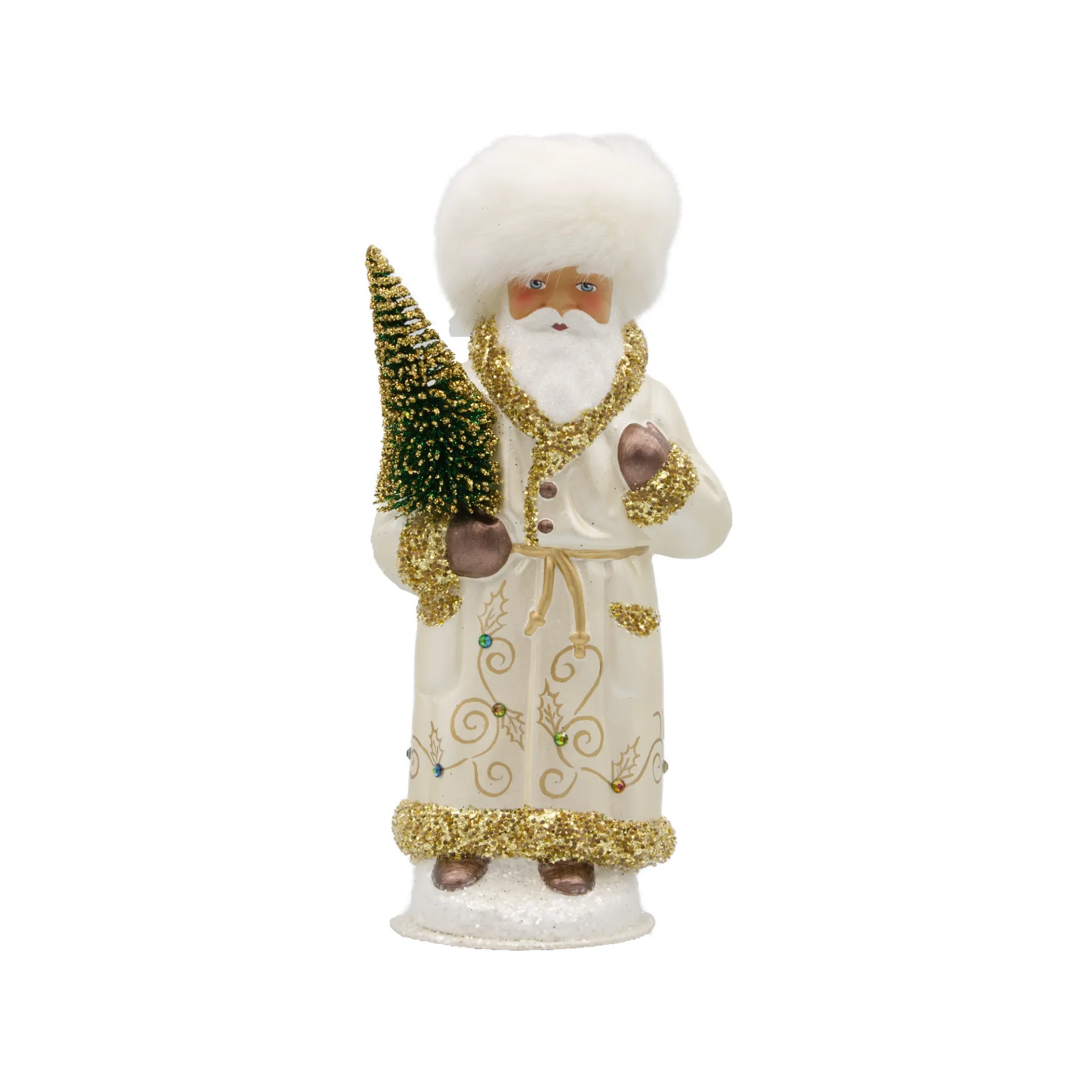 Fellmützen-Weihnachtsmann aus Papiermaché, Perle weiß, mit bunten Kristallen