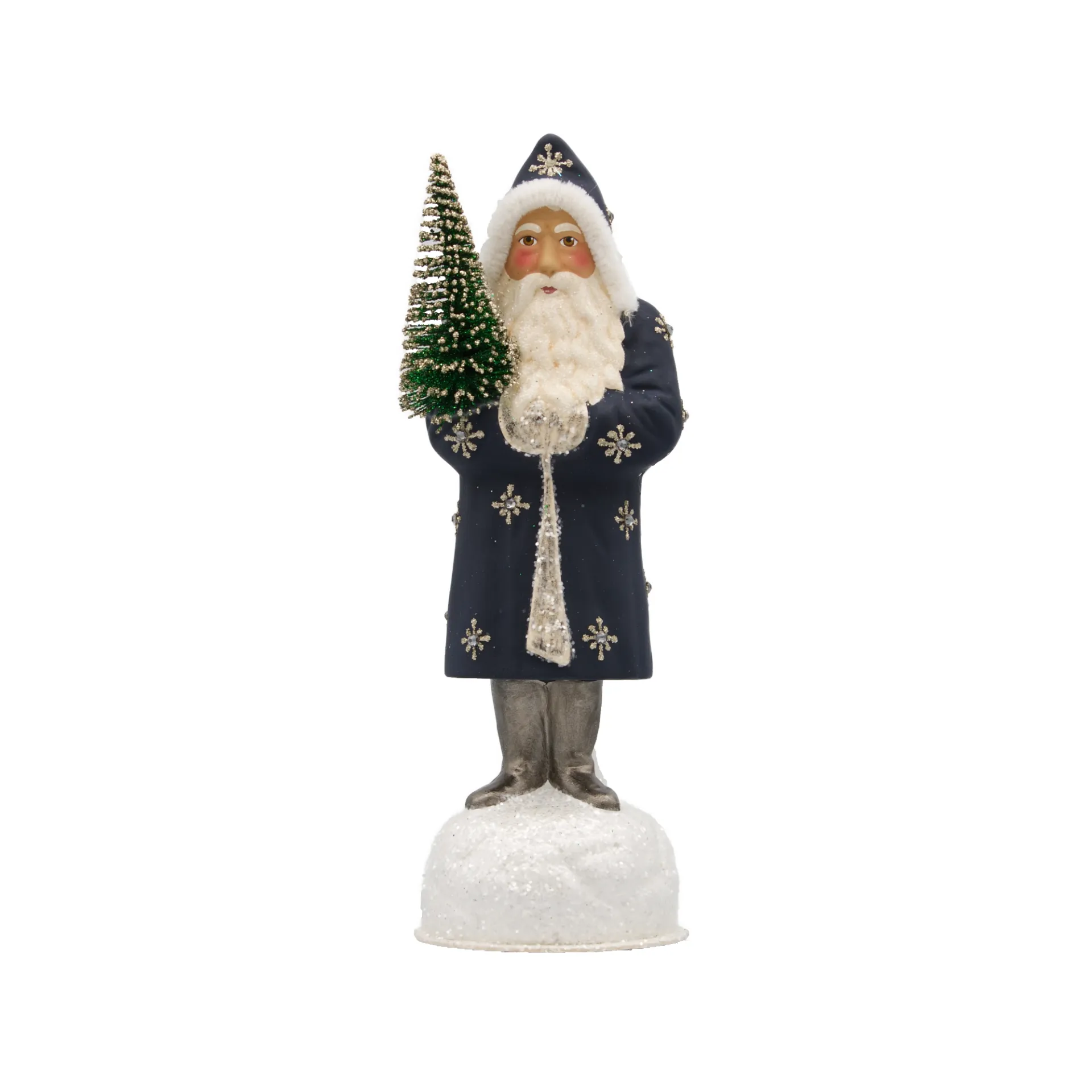 [2630] Weihnachtsmann aus Papiermaché, navyblau, mit goldenen Schneeflocken, Tannenbaum und Schneesockel