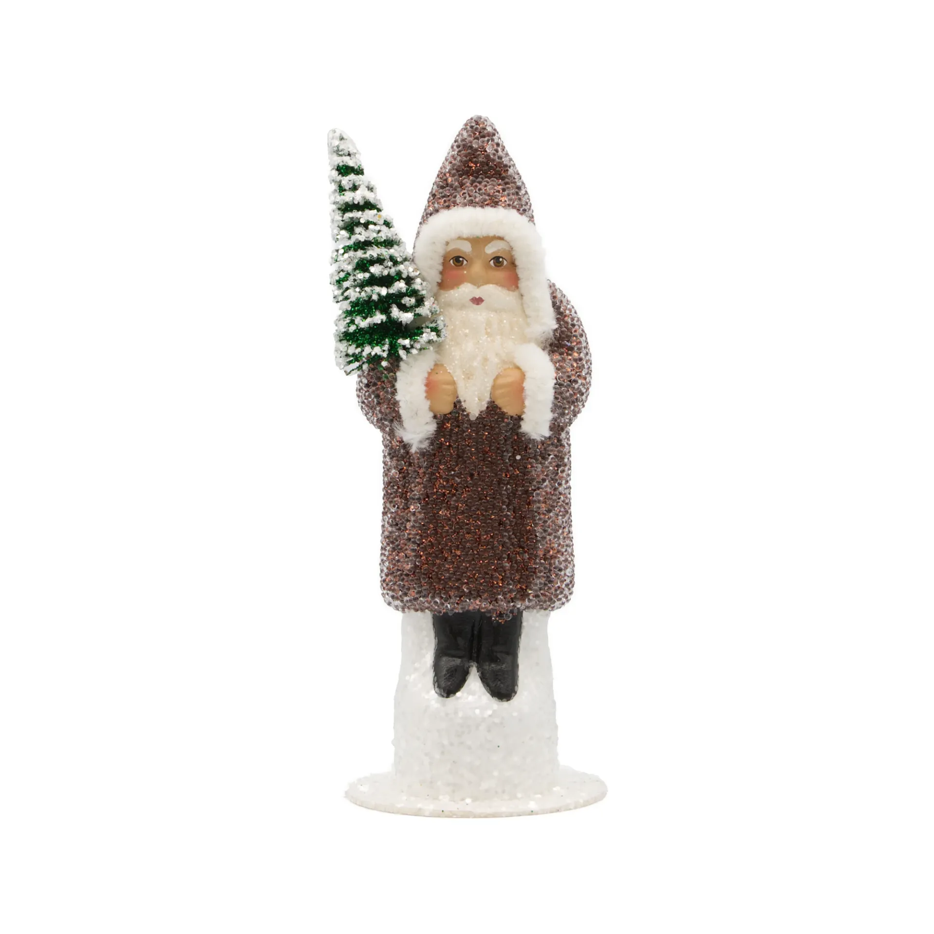 Weihnachtsmann aus Papiermaché, Perle braun, mit Tannenbaum