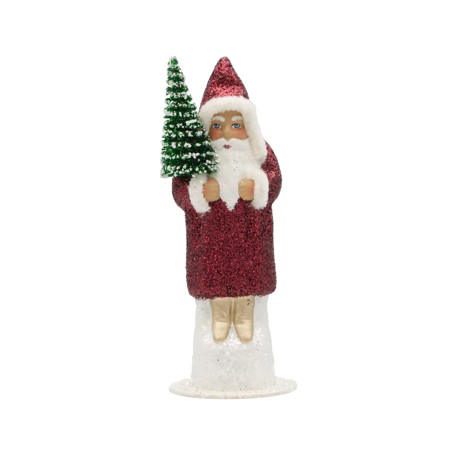 [2415] Weihnachtsmann aus Papiermaché, Glitter bordeaux, mit Tannenbaum und goldenen Stiefeln (H: 15 cm)