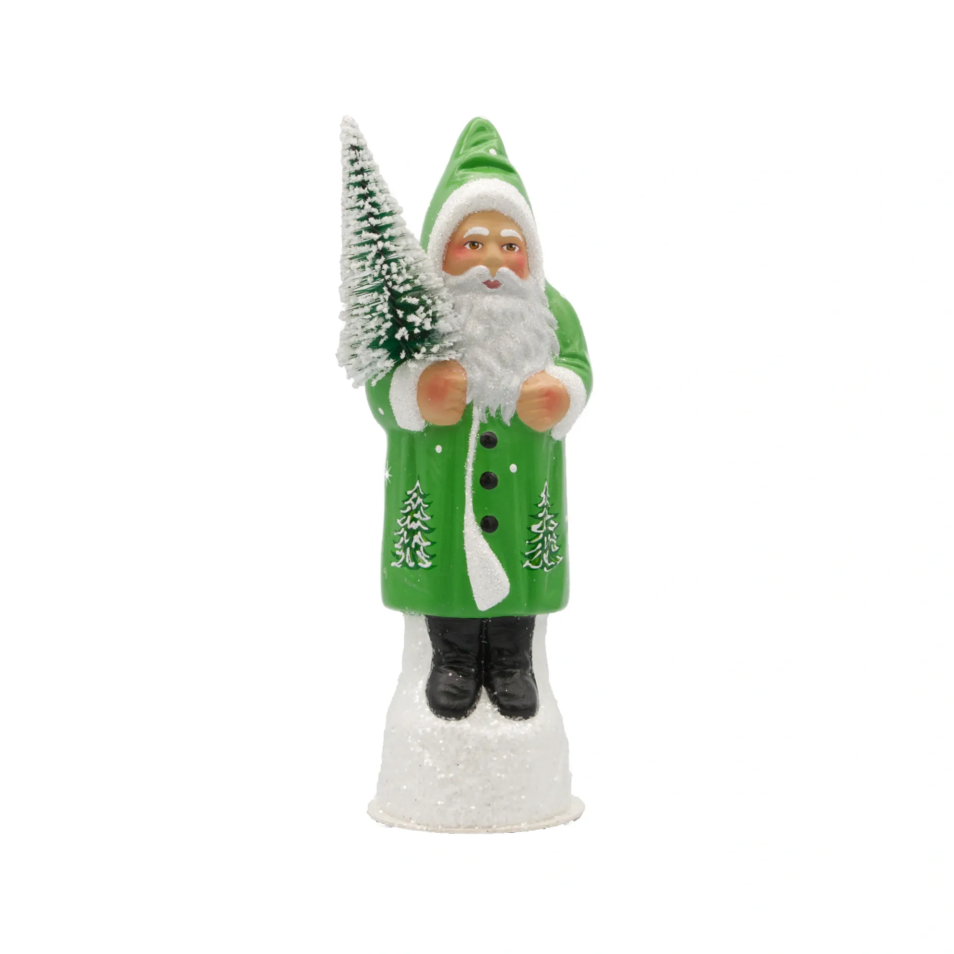 Weihnachtsmann aus Papiermaché, hellgrün, mit Baumdekor und Tannenbaum