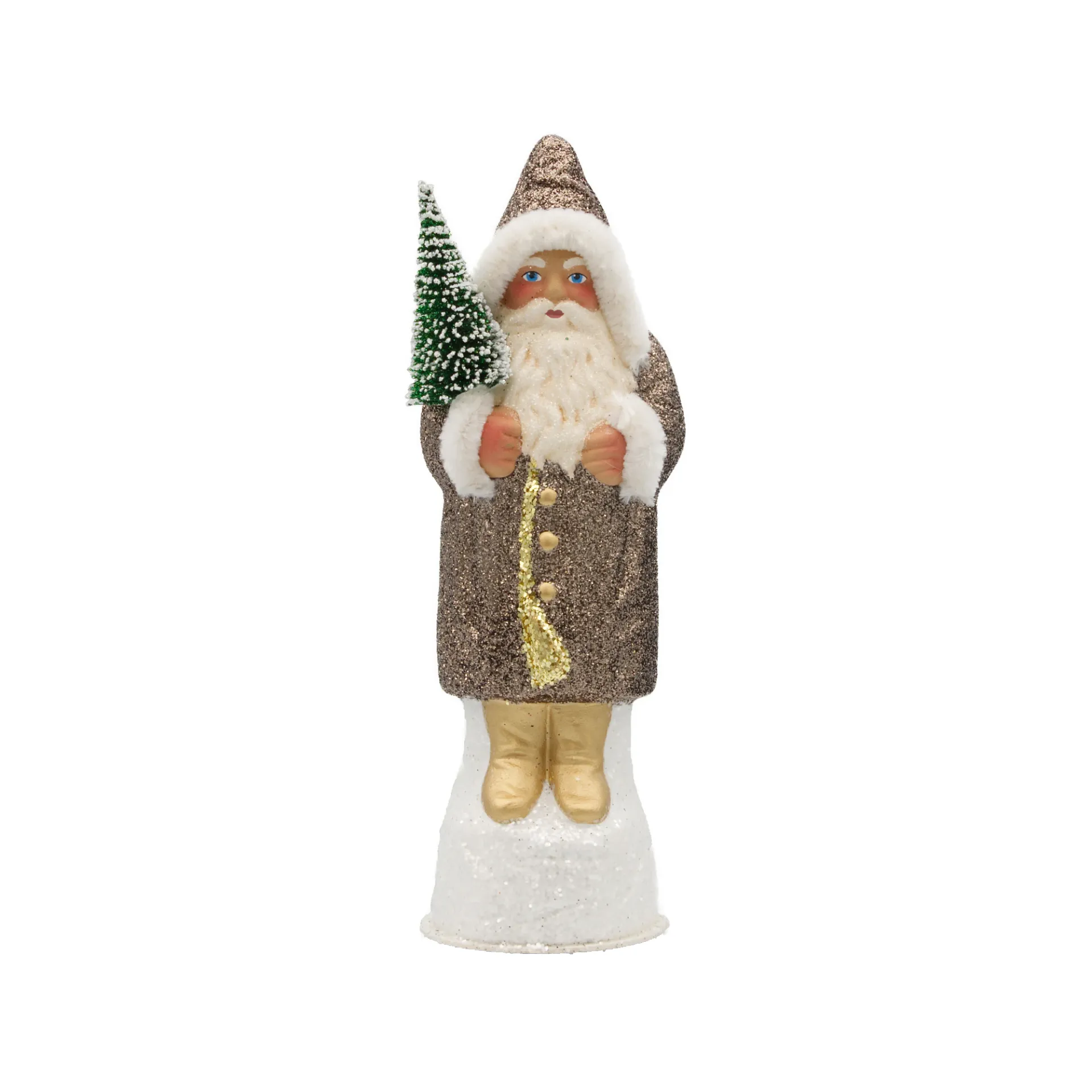 [26 Ci] Weihnachtsmann aus Papiermaché, Glitter cinnemon, mit Tannenbaum und Besatz in Felloptik (H: 26 cm)