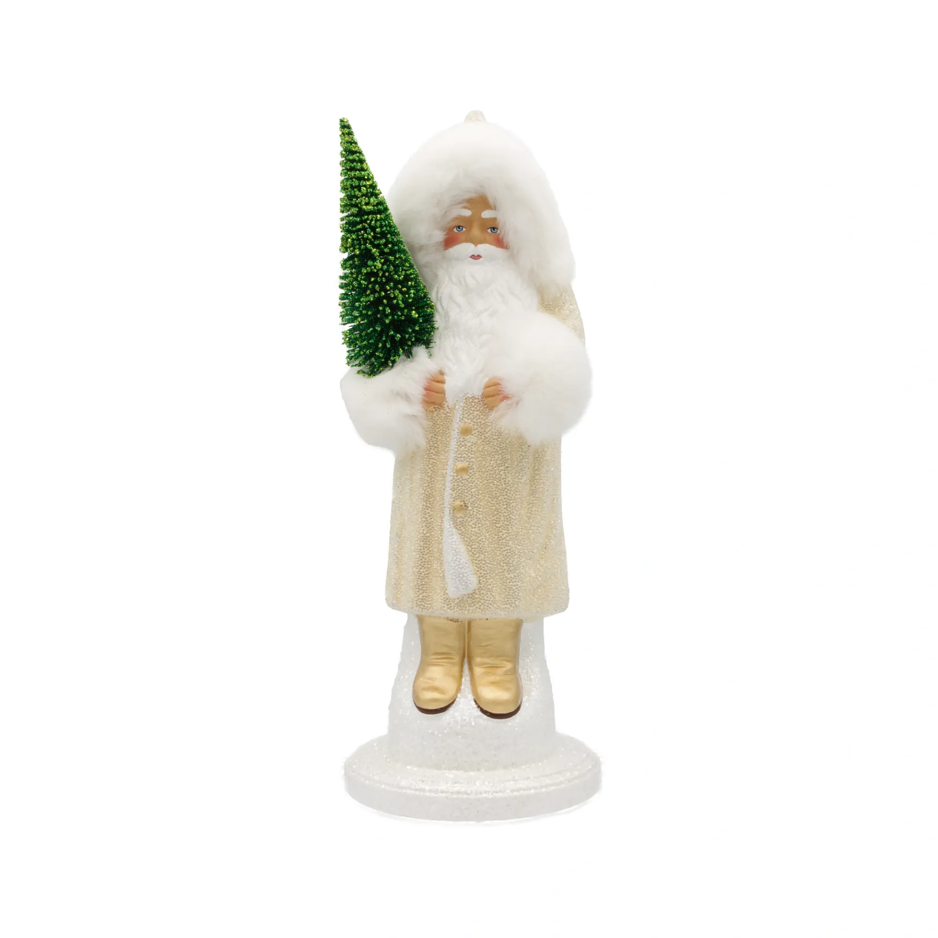 [2643 hellgelb] Weihnachtsmann aus Papiermaché, Perle hellgelb-gold, mit Tannenbaum