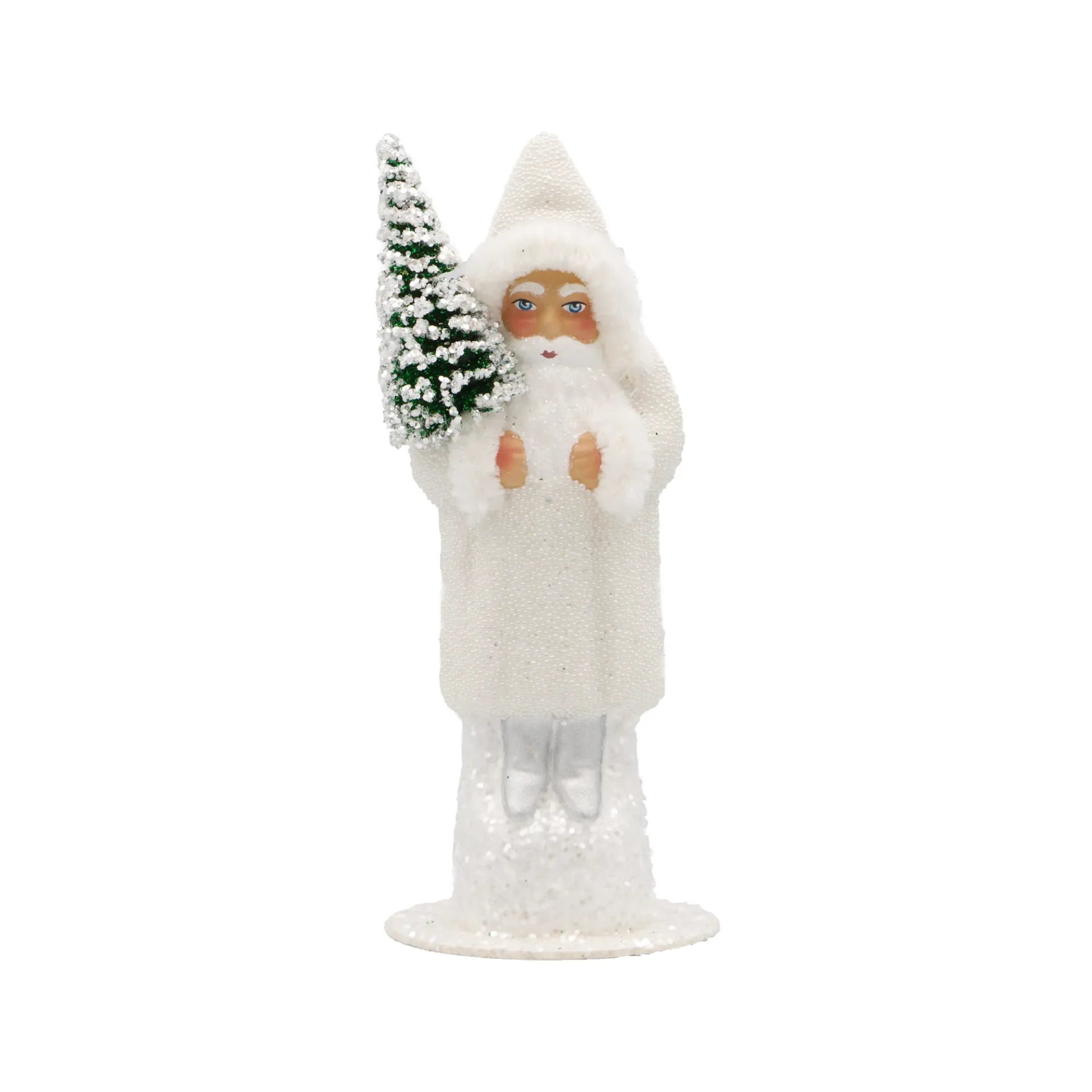 Weihnachtsmann aus Papiermaché, Perle weiß, mit Tannenbaum, Fell und silbernen Stiefeln