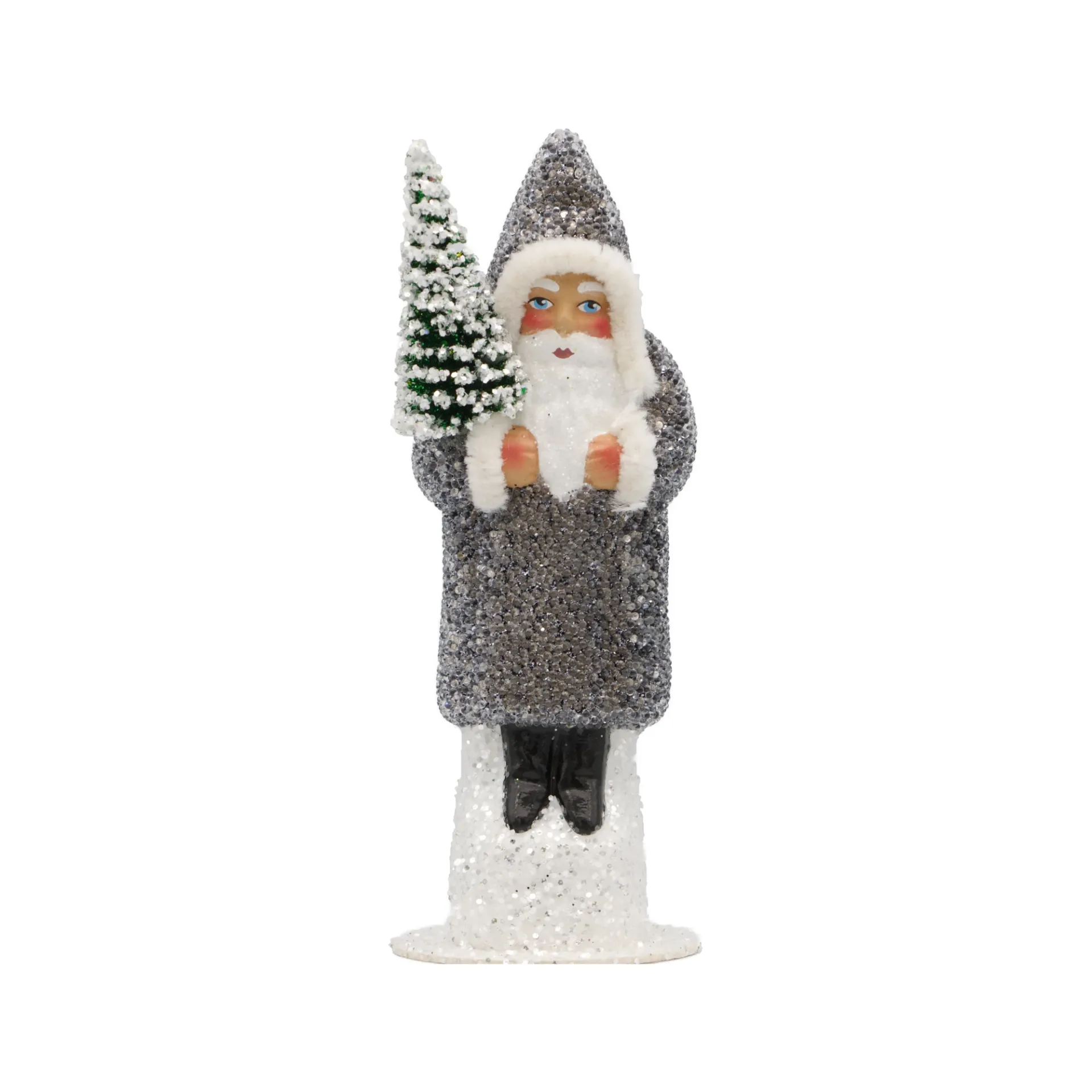Weihnachtsmann aus Papiermaché, Perle stahlgrau, mit Tannenbaum
