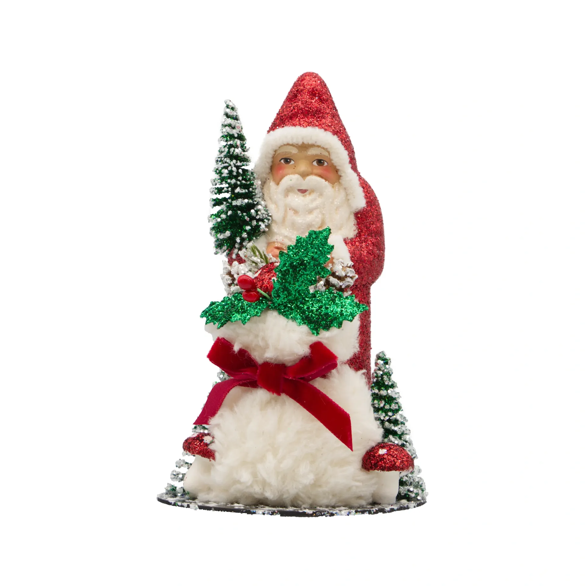 [15015] Weihnachtsmann aus Papiermaché, Glitter rot, mit Lammfellsack