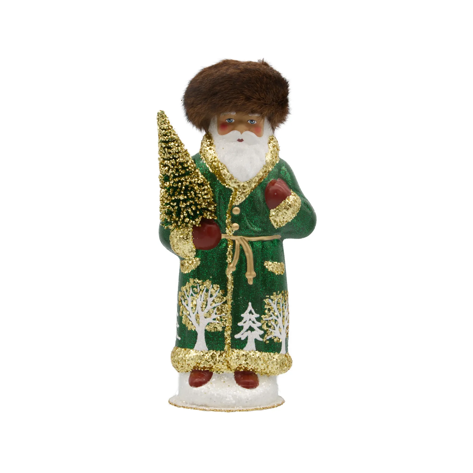 [25-26] Fellmützen-Weihnachtsmann aus Papiermaché, Glitter dunkelgrün, mit Baumdekor