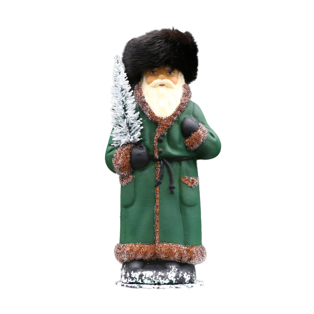 Papiermaché Santa grün matt - Fellmütze mit Baum und Pilz 