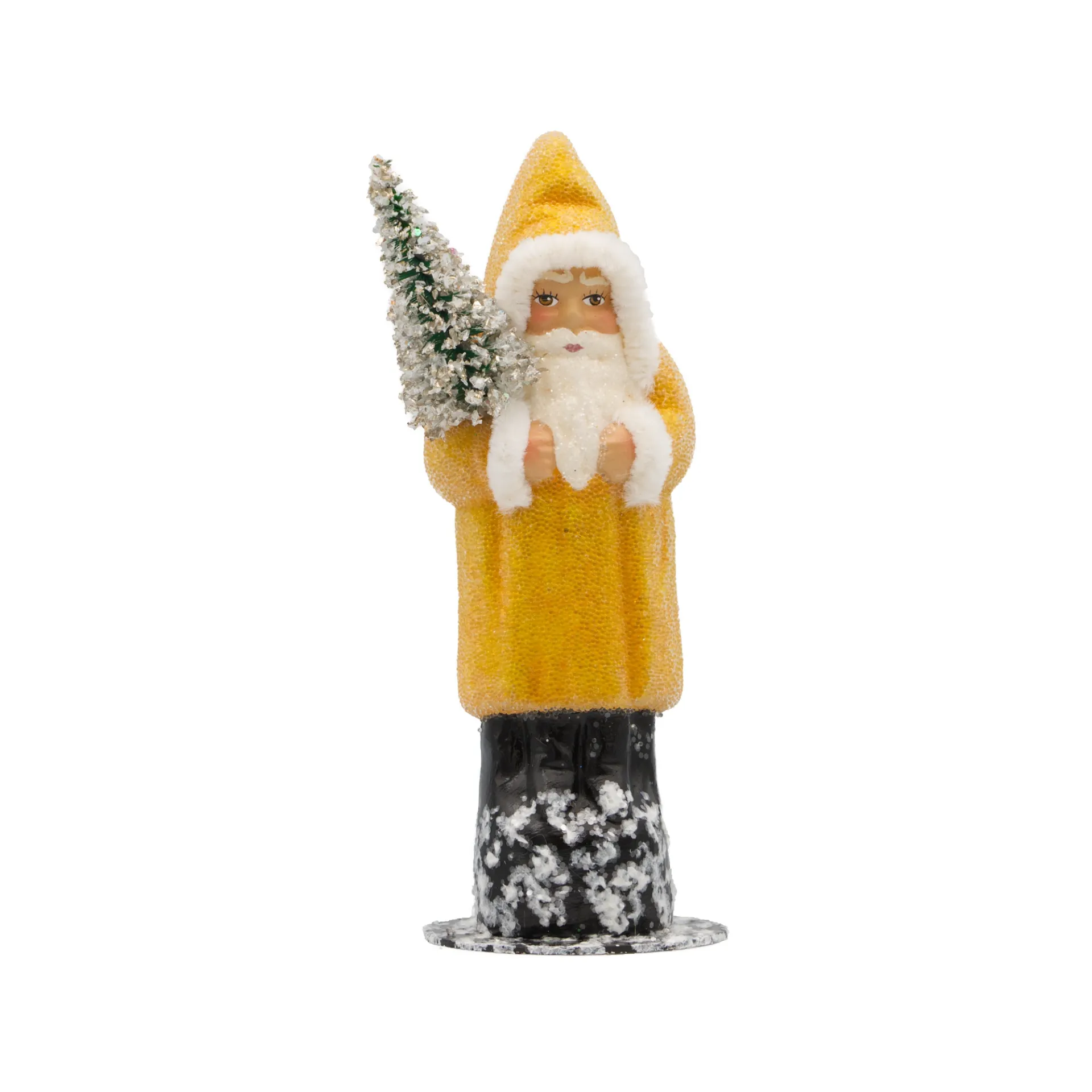 [15-0 y] Weihnachtsmann aus Papiermaché, Perle gelb, mit Tannenbaum (H: 15 cm)